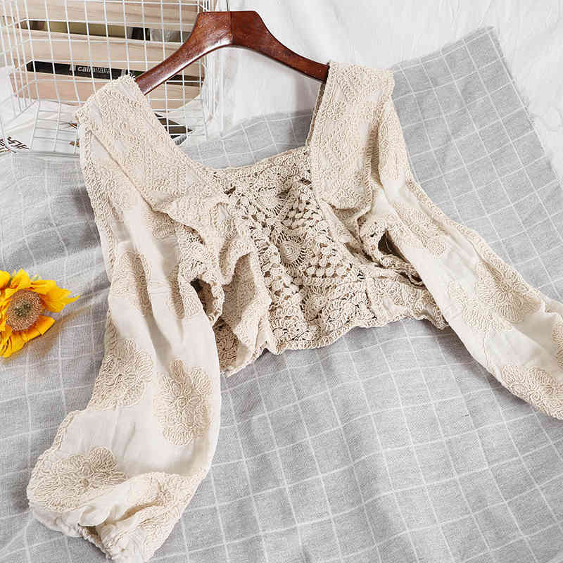 

Spring Arrivals Short Solid Color Knitted Long Sleeve Square Collar Foreign Style Fashionable Women Shrit MZ939 210525, White