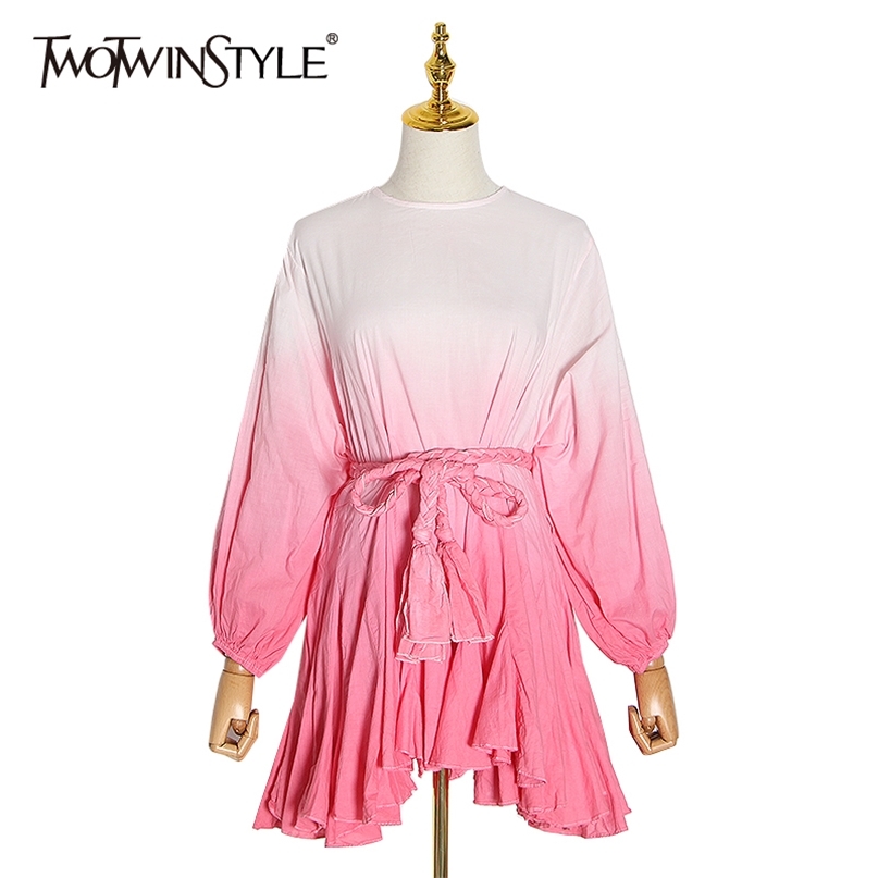 

Elegant Patchwork Dress For Women O Neck Long Sleeve Lace Up Casual Spring Dresses Female Fashion Clothing 210520, Pink