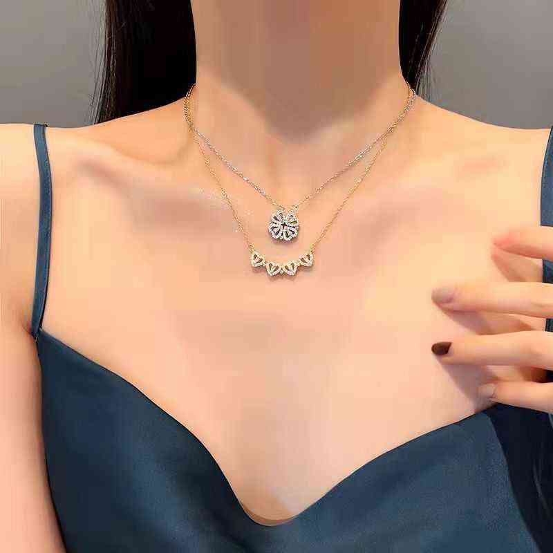 

New Design Heart-shaped Clover Magnetic Pendant Necklace Women's Fashion Zircon Titanium Steel Christmas Gift Jewelry