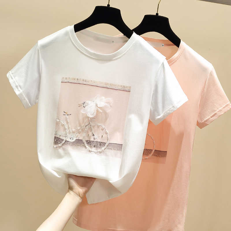 

Fashion Cool Print Female Summer T-shirt White Cotton Women Tshirts Casual Harajuku T Shirt Femme Pink Loose Top 210604
