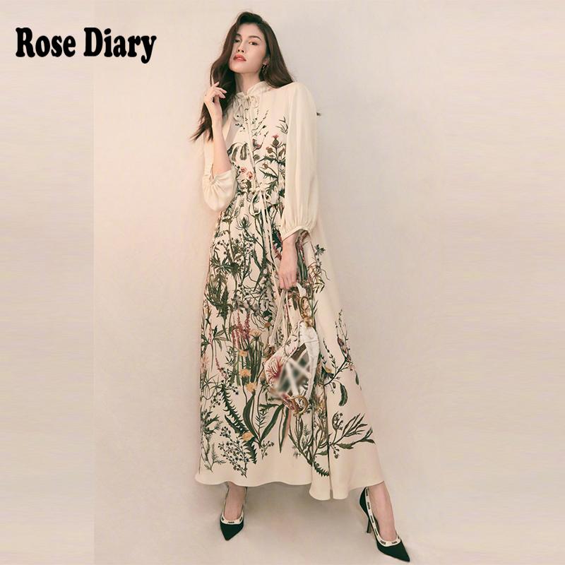 

Casual Dresses RoseDiary 2021 Good Quality Exotic Tropical Floral Print Maxi Boho Dress Vintage Loose Waist Long Bohemian Party, Beige