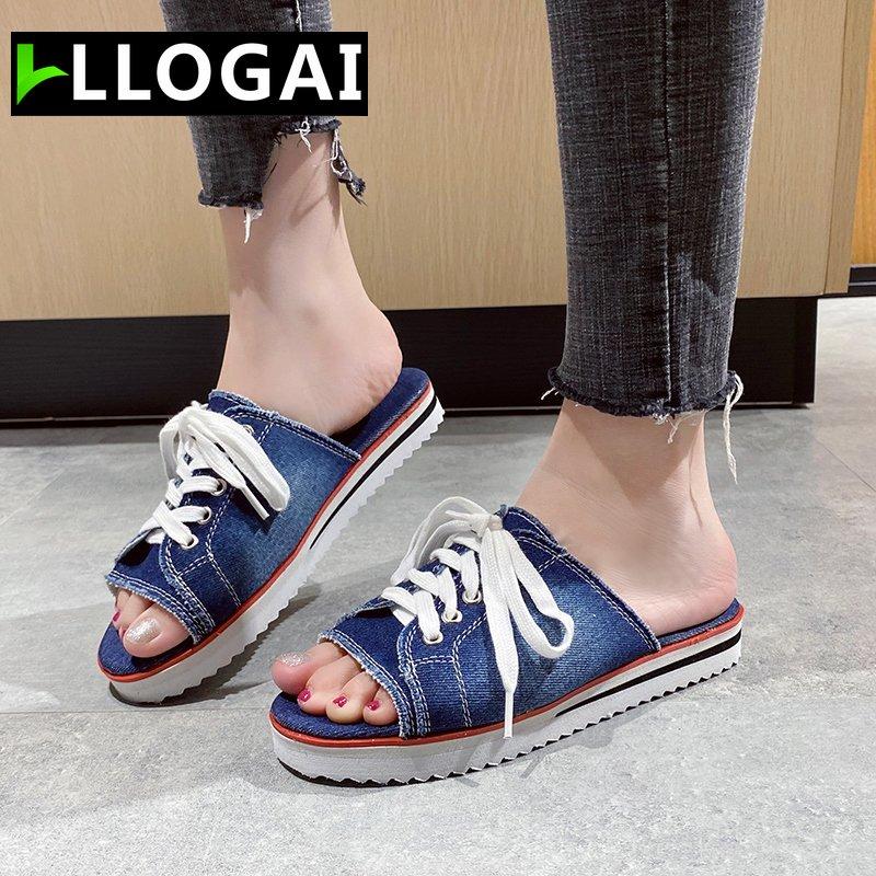 

Slippers Canvas Women Flat Slipper 2021 Woman Lace Up Ladies Peep Toe Women's Casual Female Fashion Denim Beach Shoes, Black
