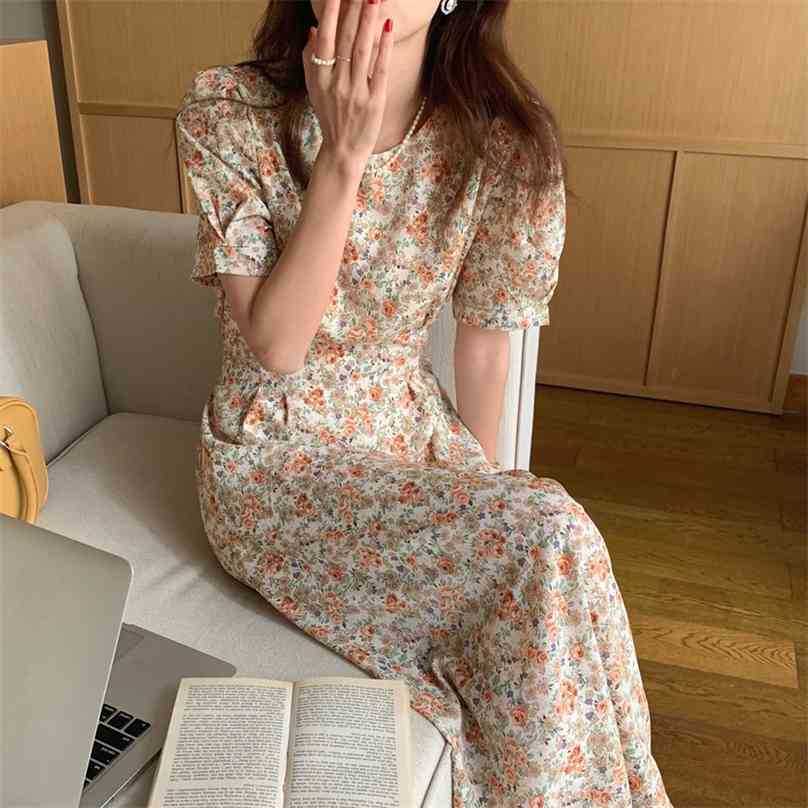 

Girls Sweet Florals Streetwear Vestidos Prom Slim Chic All Match Chiffon Elegance Summer OL Femme Long Dresses 210525, Coffee