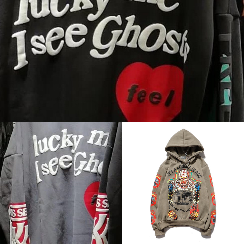 

Kanye West Hoodies Lucky me i see ghosts Hoodie Red Heart Feel Sweatshirts Kids see ghosts Pullover Men Women Foam print 3D X0525