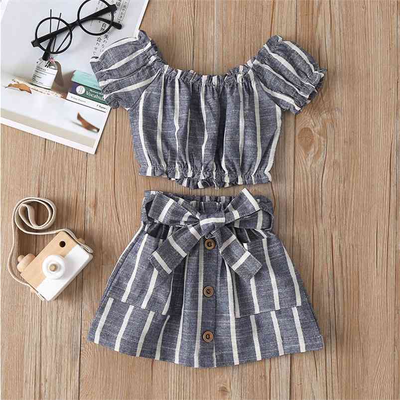 

Summer Baby Infant Rompers Clothes Short Sleeve Tops Bow Skirt Striped Girls Costume 210629, Gray