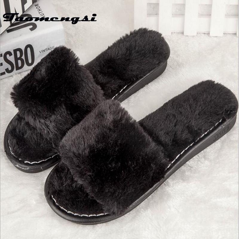 

Slippers Taomengsi Fur One Word Dragging Hair Indoor Wooden Floor Winter Cotton Female Factory Direct, Black