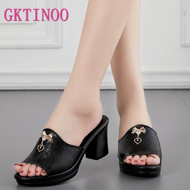 

Women Sandals Slippers Genuine Leather Thick High-heeled Color Block Decoration Open Toe, Black