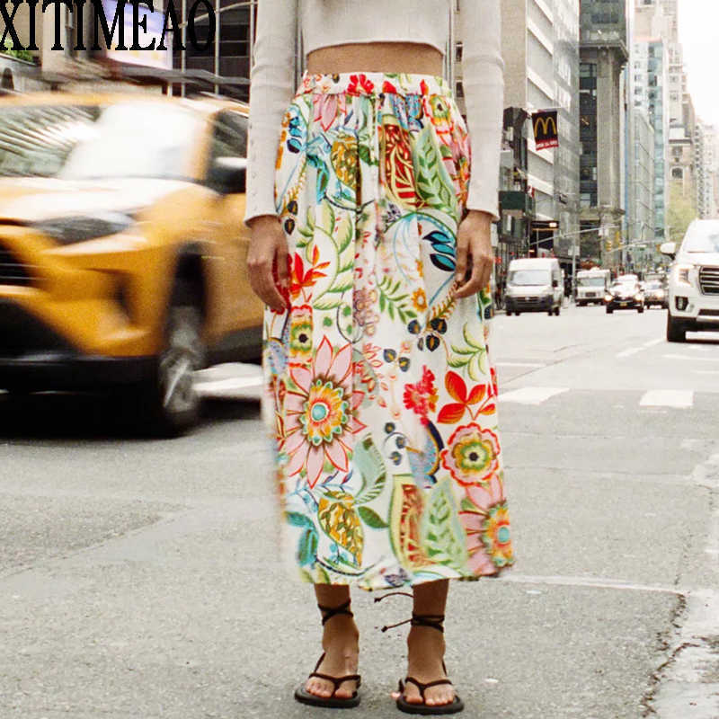 

Za Leisure Style Fashion Retro Floral Printing High Waist Women Skirt A-line Long Holiday Dress XITIMEAO 210604, As picture