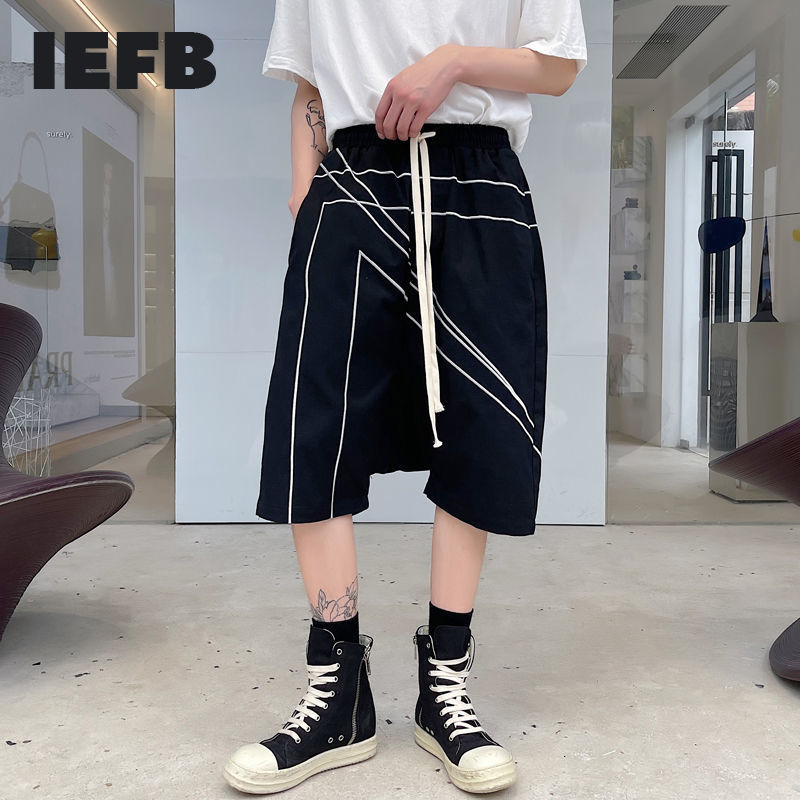 

IEFB Japanese Summer Men's Shorts Geometric Line Embroidered Low Crotch Loose Casual Harem Knee Length Pants Streetwear 210524, As shown in figure