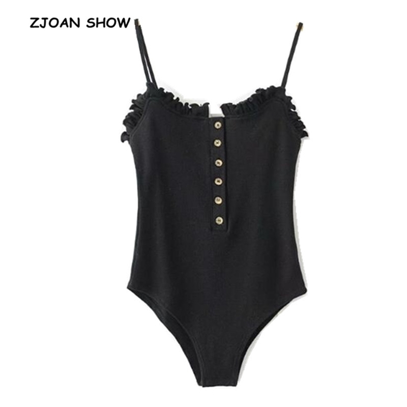 

Sexy Open Button Ruffles Backless Spaghetti Strap Bodysuit Woman Sling Tight Short Jumpsuit Slim fit Rompers Playsuits 210720, White