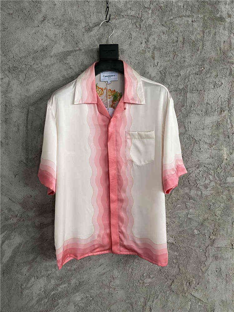 

Xuanzhan Independent Casablanca Hawaiian Printed Silk Loose Silk Shirt Gradient Color Summer Shirt, Light red white