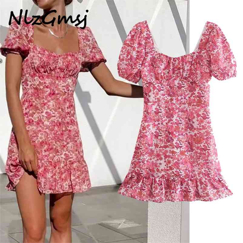 

Dress Woman Summer Elegant Dresses Puff Sleeve Ruffles High Waist Vintage Romantic Flower Print Sundresses 05 210628, As picture