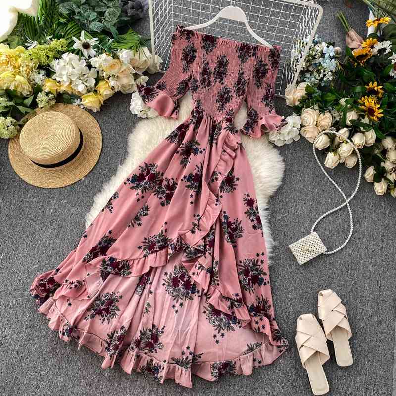 

Women Beach Dress Fashion Summer Sexy Off Shoulder Ruffles Dresses Ladies Elegant Floral Printed Prom-dresses Vestidos Mujer 210602