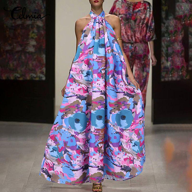 

Casual Dresses Celmia Oversize Women Painting Print Sexy Halter Dress 2021 Summer Sleeveless Backless Maxi Vestidos Female Long, Black;gray