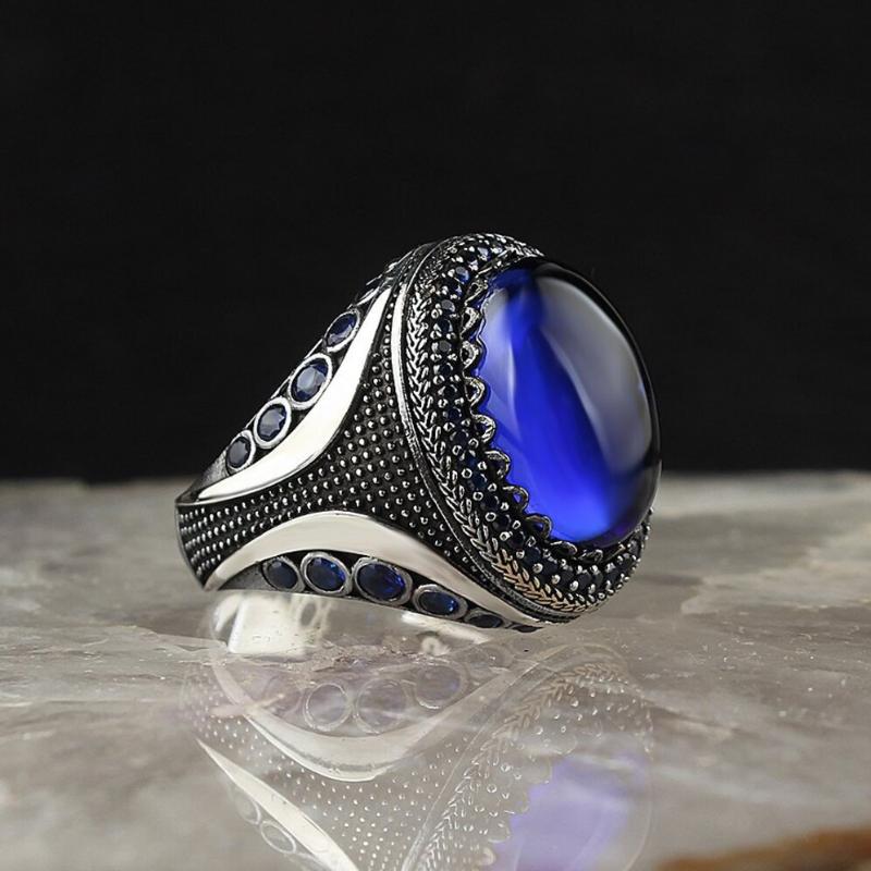 

Wedding Rings Retro Handmade Turkish Signet For Men Women Ancient Silver Color Carved Ring Inlaid Blue Zircon Punk Motor Biker