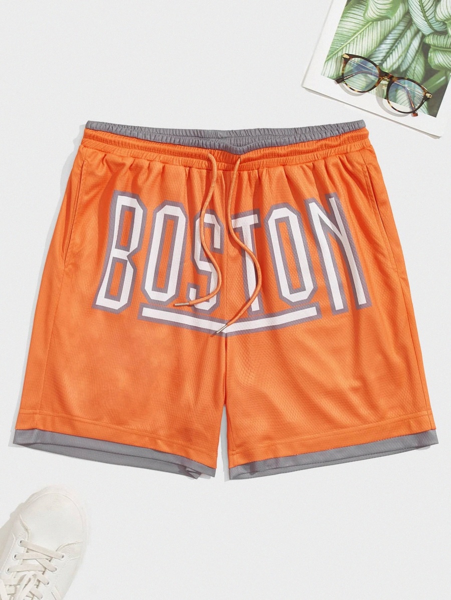 

Men Letter Graphic Drawstring Waist Contrast Trim Loungewear Shorts d5SU#, Orange