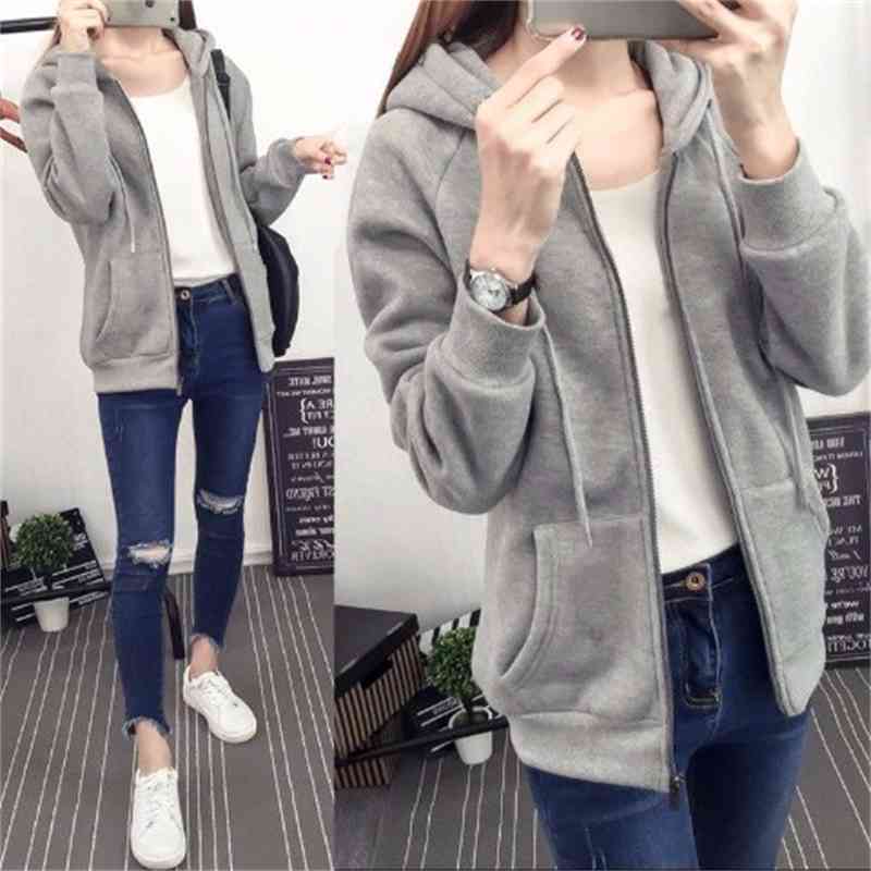 

Sweatshirt Women Solid Color Long Sleeve Hoodies Autumn Winter Warm Zipper Hooded Casual Loose Oversized 210526, Gray