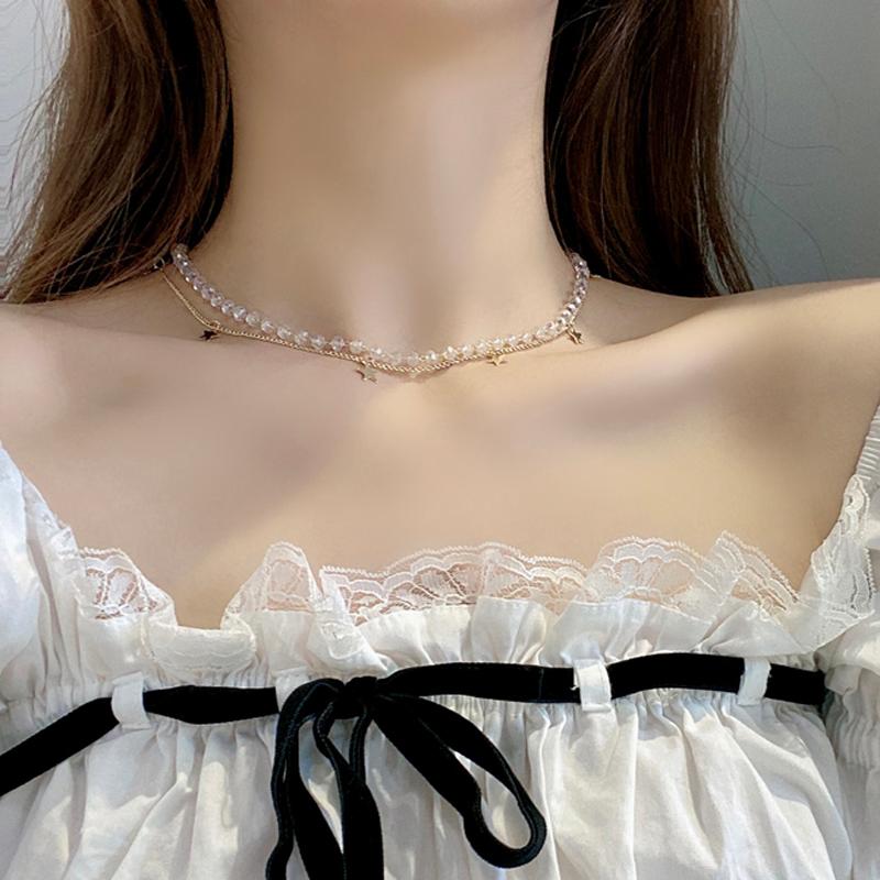 

Chokers Star Pendant Necklace, Double-Layer Fashion Round Bead Chain, Temperament Clavicle Chain For Female Banquet Jewelry