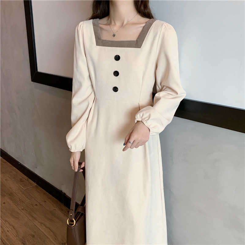 

Vintage Elegant Dres Long Korean High Waist Puff Sleeve Midi Office Lady Casual Solid Fall Clothing 210604, Black