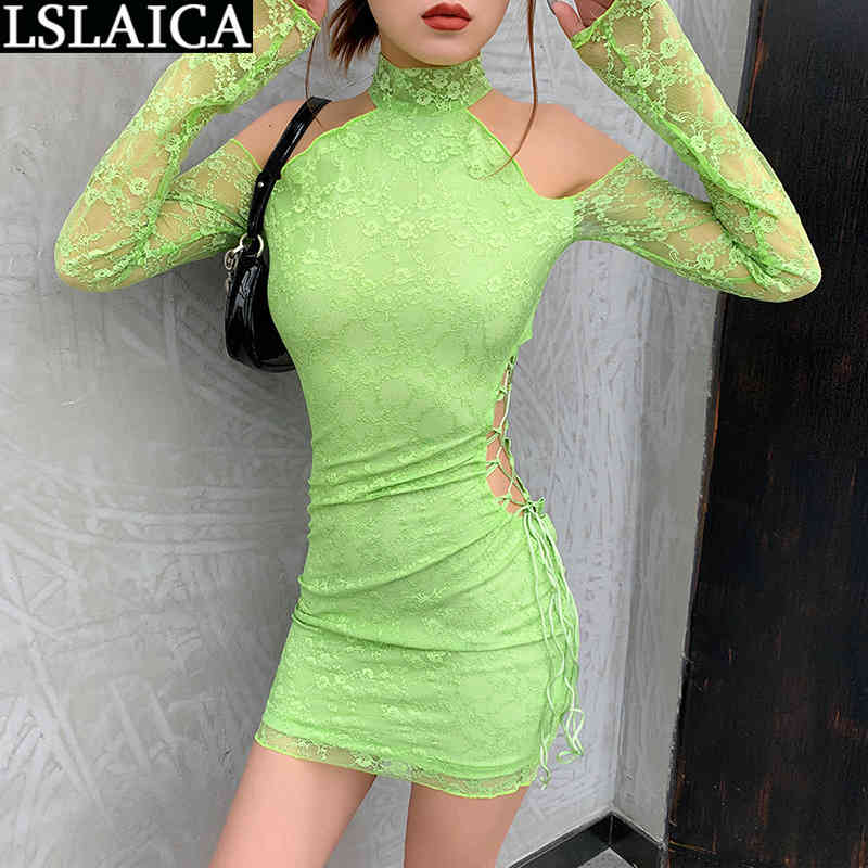 

Green Dress Off Shoulder Hollow Out Strappy Dresses for Women Long Sleeve Skinny Night Club Casual Mini Vestido De Mulher 210520