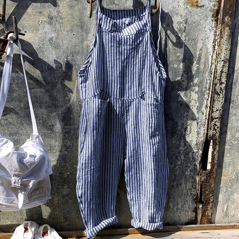 

vintage casual sleeveless striped women rompers print playsuits office overalls plus size loose pants, Black;white