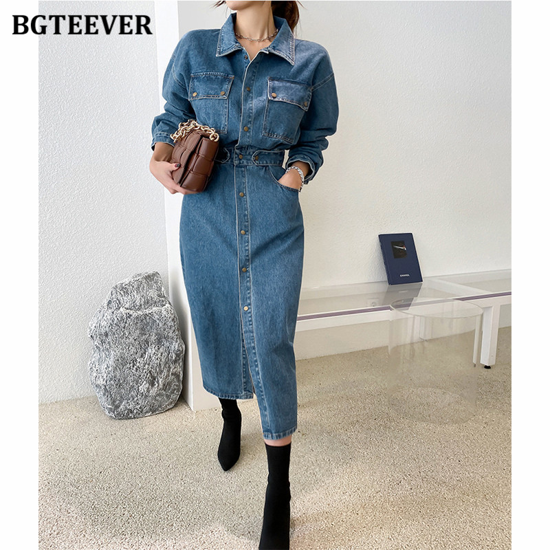 

2021bgteever streetwear turn-down collar slim denim dress women chic single-breasted full sleeve women split jeans dress femme 2021, Black;gray