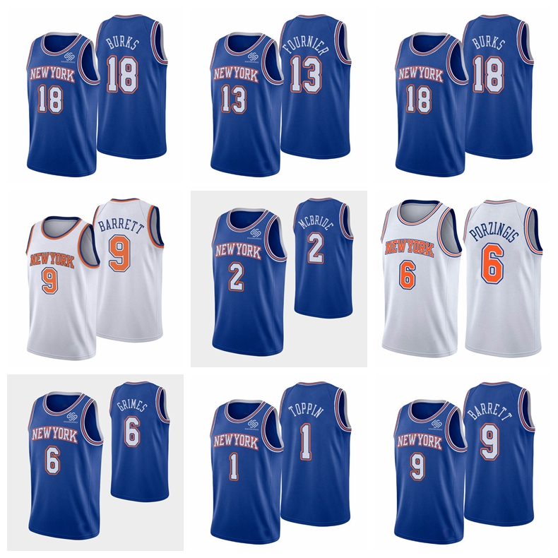 

New York''Knicks''Men Quentin Grimes Miles McBride R.J. Barrett Obi Toppin Alec Burks Blue 2021 Basketball Swingman Jersey