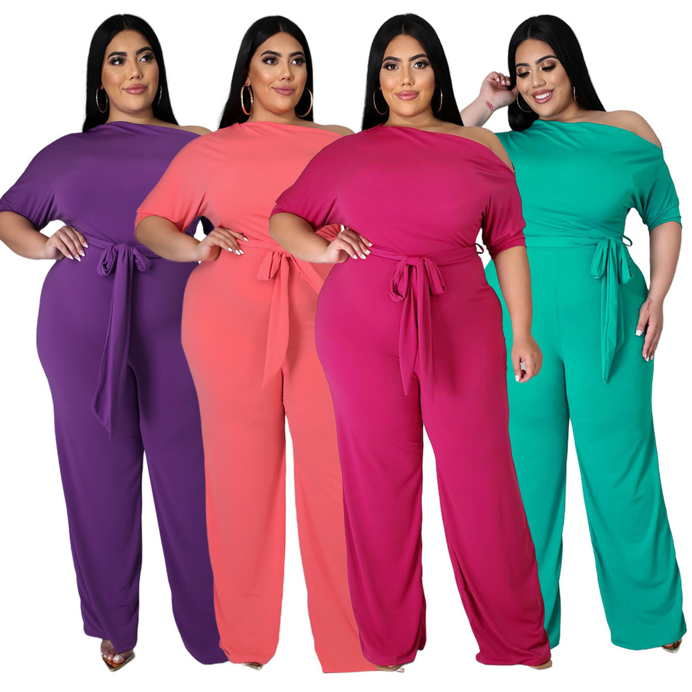 

4XL One Shoulder Plus Size Long Jumpsuits Women High Waist Belt Half Sleeve Wide Leg Bodysuit Office Lady One Piece Bodysuits, Purple
