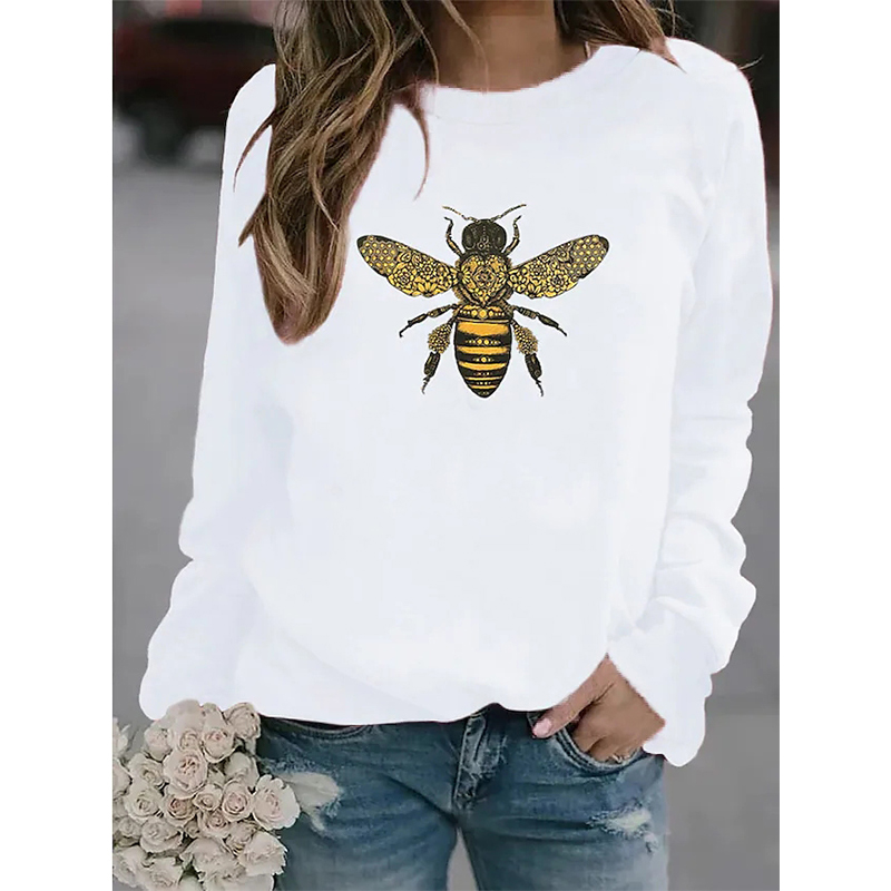 

Bee Pattern Women' Fashion 3D Printing Short Slim T-shirt Autumn Top Long Sleeve Round Neck Basic Casual, Gray