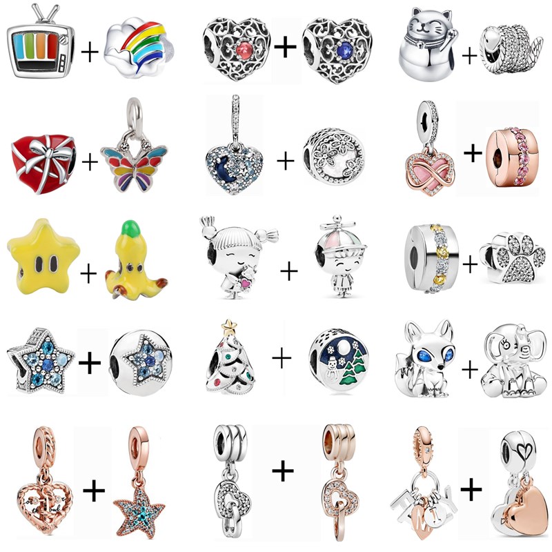 

2Pcs/lot Boy & Girl Dog Paw Bowknot Love Stars and Moon Pendant Beads Fit Pandora Charms Bracelets DIY For Women Fashion Jewelry