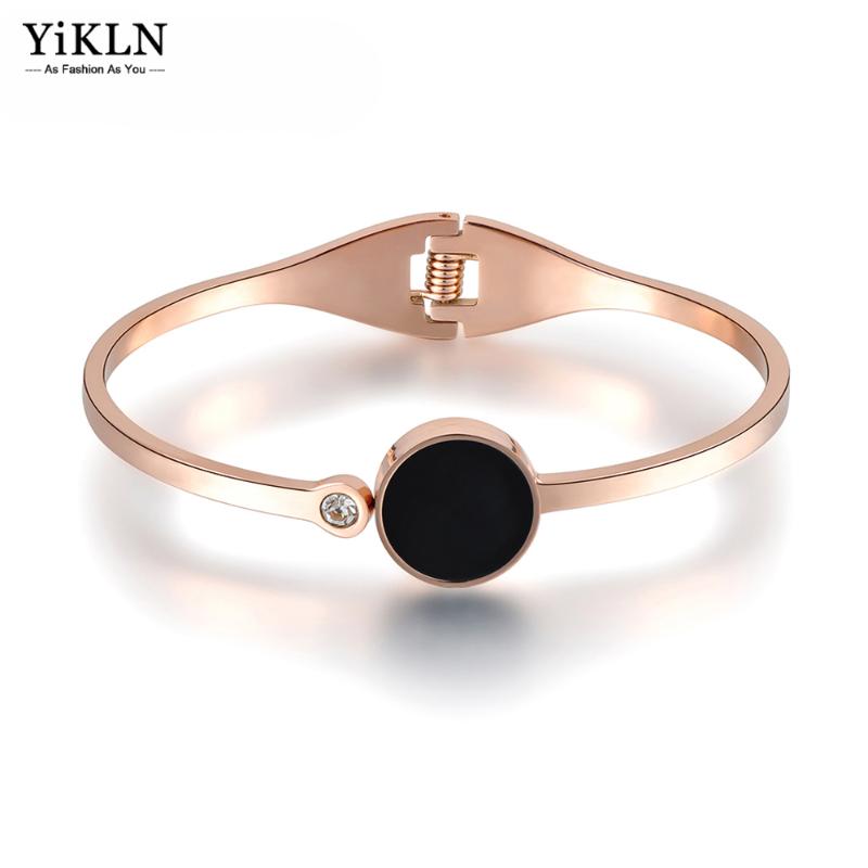 

Bangle YiKLN Simple Rose Gold Single Rhinestone Bangles For Women Stainless Steel Black Shell Lover Charm Bracelets & YB17028