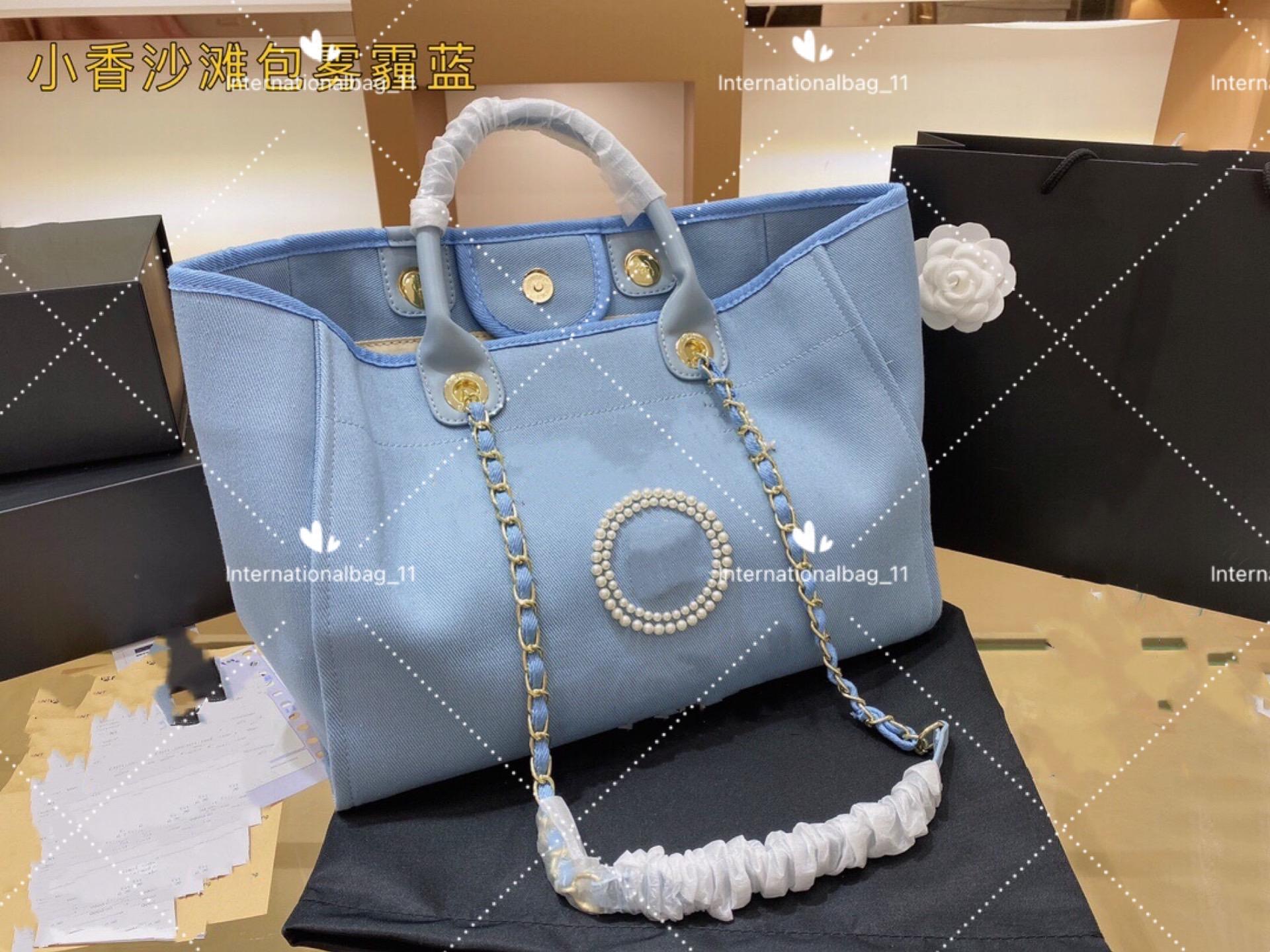 

Luxury Ladies Fashion Beach Bag Large Capacity canvas woven tote with leather chain shopping casual Plain