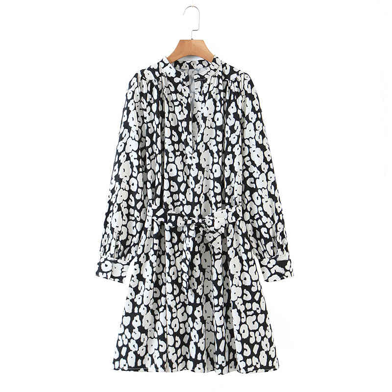 

Casual Women Floral Office Lady Dress V neck Long Sleeve Straight Knee Length With Sash Female Eelgant Party XZ2661 210525, White
