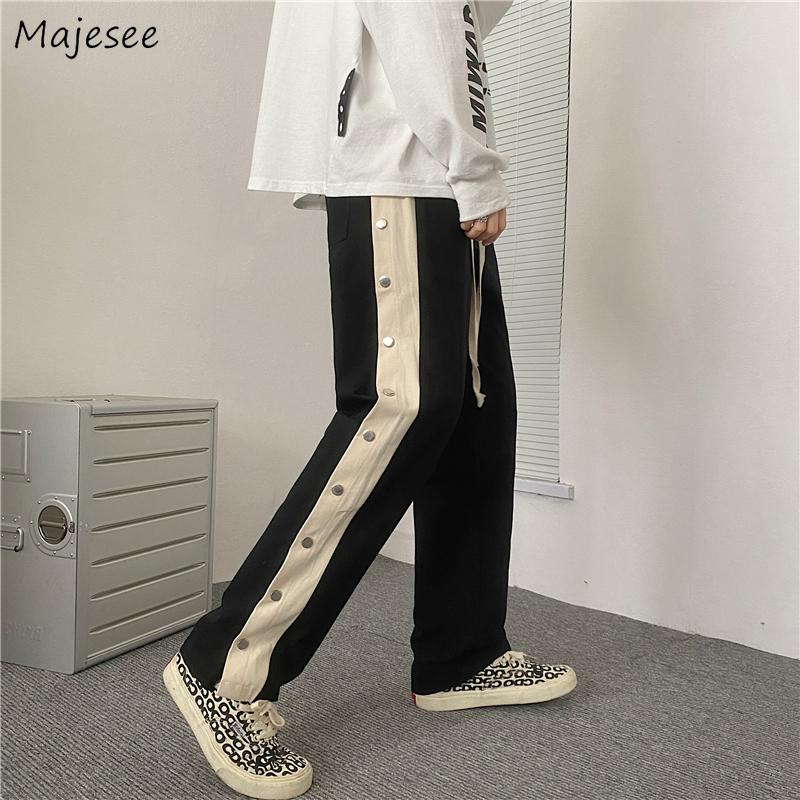 

Men's Pants Black Patchwork Side Stripe Casual Men High Street Buttons Fashion Teenager Drawstring Ins Loose Straight Trousers Ulzzang