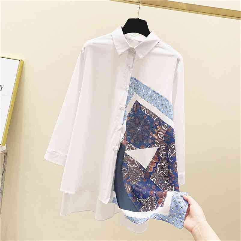 

Retro Print Patchwork Irregular Shirt Korean Style Summer Women's Casual Blouse Shirts A2613 210519, Beige