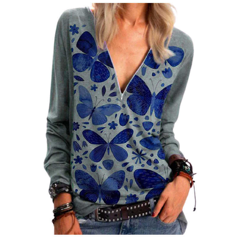 

Plus Size Women Tshirt Spring Autumn Casual V-Neck Zipper Long Sleeve Loose Shirt Ladies Pullover 210526, Orange