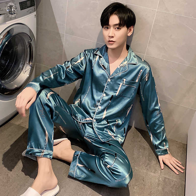 

Autumn Men Pajamas Set Silk Sleepwear Long Sleeved Nightwear Lounge Striped Sleep Clothing Satin Plus Size Male Nighties Suit 211019, Ht320