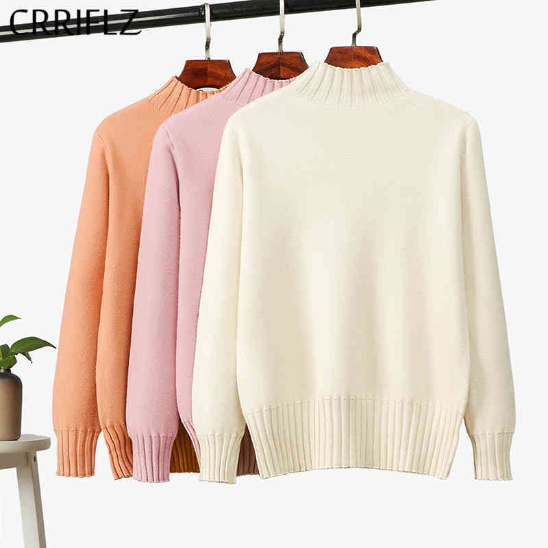 

CRRIFLZ Half Turtleneck Knitted Sweater Women Casual Solid Full Sleeve Thick Pullovers Top 210520, Black