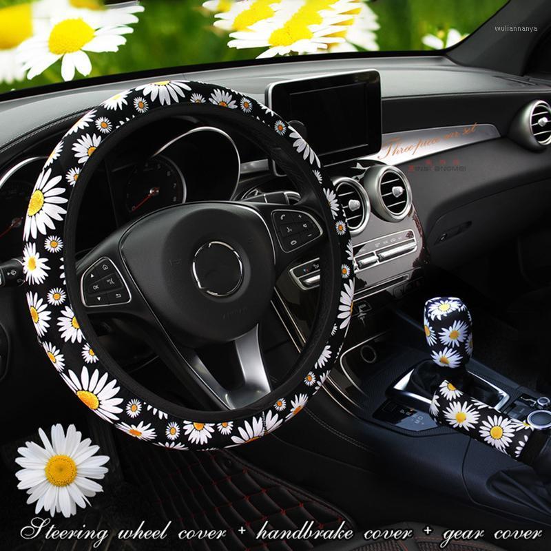 

Steering Wheel Covers 3 PCS No Inner Ring Daisy Elastic Handle Gear Handbrake Cover Cute Flower Car Styling Interior Accessories