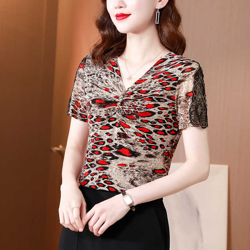 

Women's Shirt Vintage Leopard Blouses for Women Short Sleeve s Gauze V-neck Blouse Top Female Summer Woman Basic 210604, Red