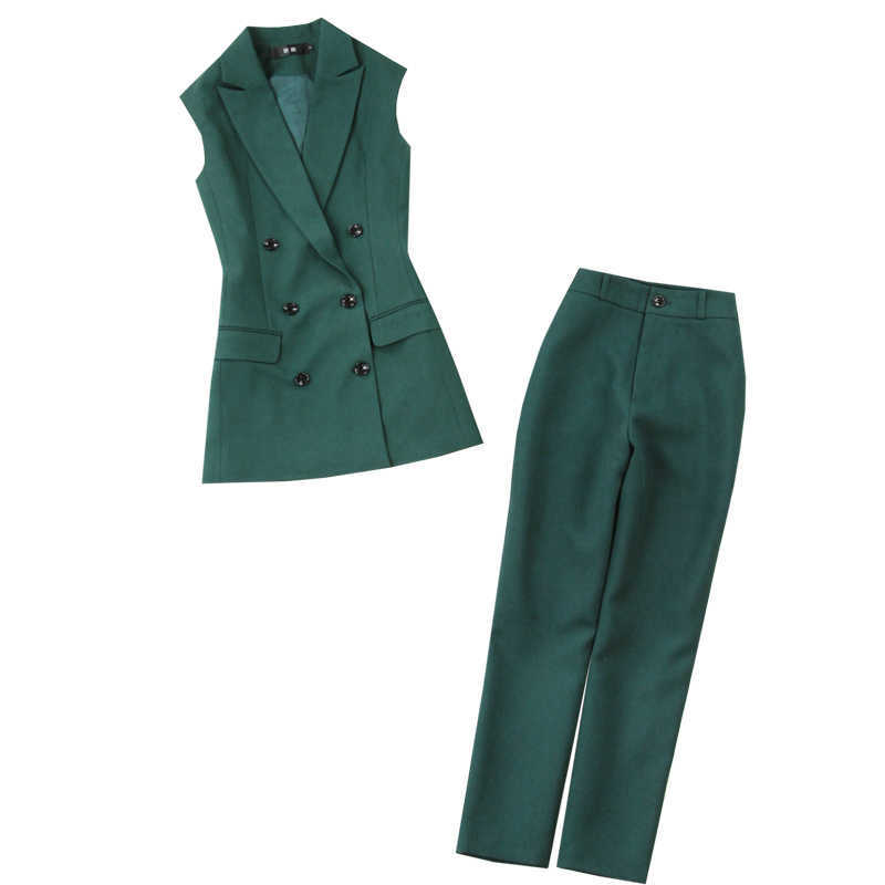 

spring and autumn women's suit pants s vest two-piece Stylish mid-length green blazer Slim-fit slacks 210527