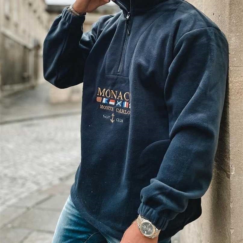 

Letter & National Flag Embroidery Long Sleeve Polar Fleece Polo Sweatshirt -3XL 211023, Dark grey