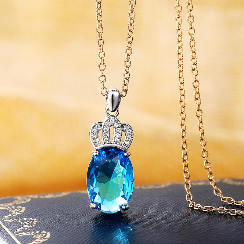 

Pendant Necklaces 2021 Trend Temperament Crown Four-claw Copper-plated Platinum Inlaid Sea Blue Zircon Necklace Female