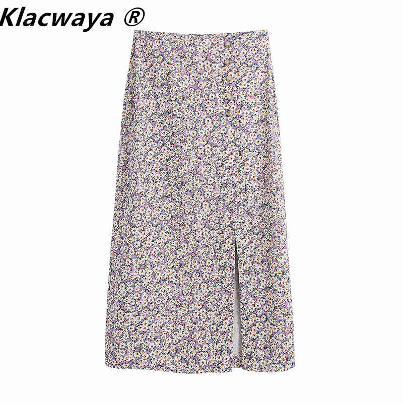 

Women Chic Fashion With Buttons Floral Print Midi Skirt Vintage High Waist Vents Hem Female Skirts Mujer 210521, Purple