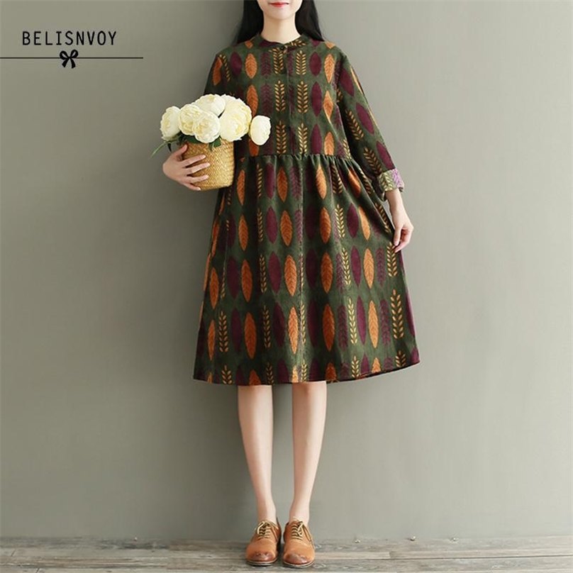 

Mori Girl Loose Autumn Spring Women Dress Floral Printed Casual Vestidos Preppy Style Cute Kawaii Elegant Corduroy Dresses 210520, As picture