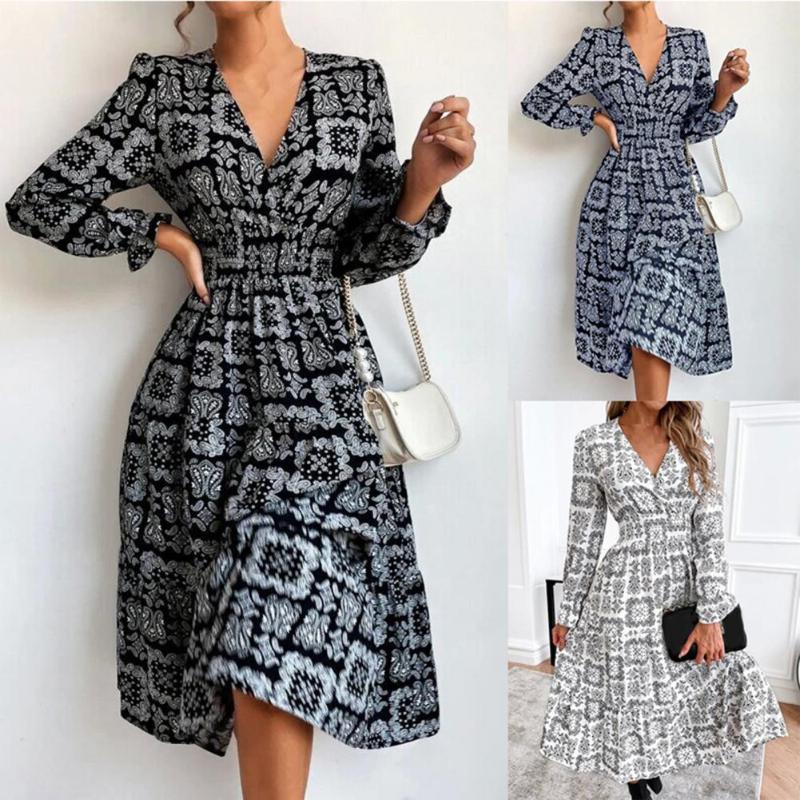 

Casual Dresses V-Neck Elastic Waist Tight Women Dress Large Hem Ethnic Style Retro Print Midi Holiday Sundress, Blue