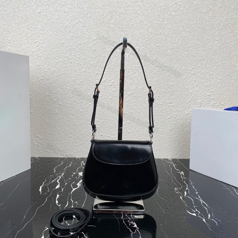 

Curved Mini Shoulder Bag Underarm Bag Clutch Women Cleo Glossy Leather Luxury Designer Handbag Simple Fashion High Quality Flap Satchel P04, Black