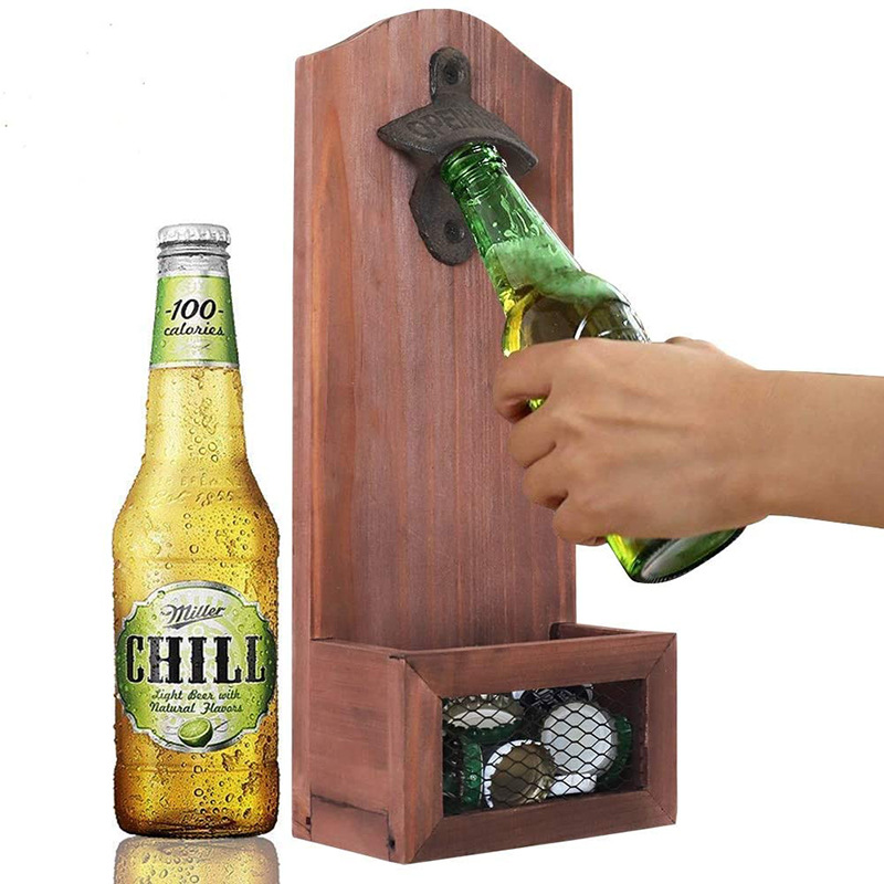 

1pcs Vintage Wall Mounted Beer Bottle Opener With Magnetic Solid Wood Plate Bar Drinking Kitchen Accessories T200507 2841 Q2