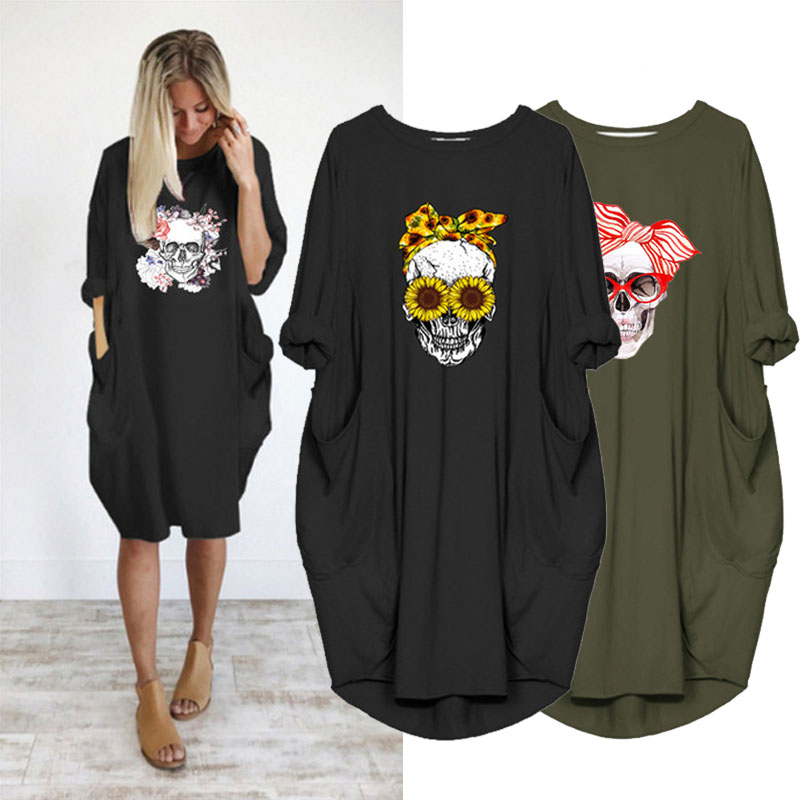 

Plus Size 5XL Womens Dress Skull Print Long Sleeve O Collar Pocket Loose Casual Female Dresses Vintage Vestidos Robes Femme, D002 black