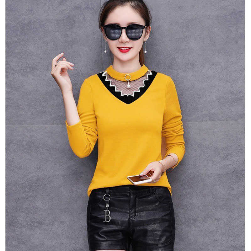 

Simple Style Women Spring Autumn T Shirts Lady Casual Slim Lace V-Neck Flower Printed Tees Shirt Tops with Pocket DF2084 210609, Red